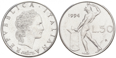 Италия 50 лир 1994 R, бог огня Вулкан у наковальни KM 95.2 нержавеющая сталь 187-153