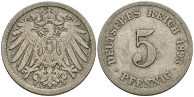 Германия 5 пфеннигов 1893 J KM 11, Jager 12, Weege 6 медно-никель 08-1364