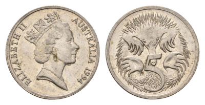 Австралия 5 центов 1994 Елизавета II (1952-2022), ехидна KM 80 медно-никель 188-958