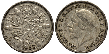 Великобритания 6 пенсов 1932 Георг V (1910-1936) KM 832, Spink 4041 серебро 4538-346