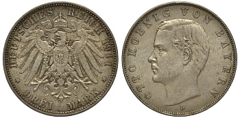 Бавария 3 марки 1911 Отто (1886-1913) Weege 45, J. 47, KM 515 серебро 3711-2022