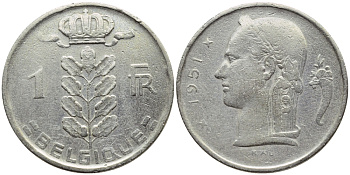 БЕЛЬГИЯ 1 ФРАНК 1951 BELGIQUE KM 142.1 медно-никель 4390-441