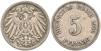 ГЕРМАНИЯ 5 ПФЕННИГОВ 1902 A, KM 11, J. 12 медно-никель 73-1566