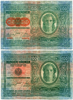 Австрия 100 крон 1912 (1919) красная надпечатка на Pick 12, на аверсе Pick 56 a бумага 3295-19-3