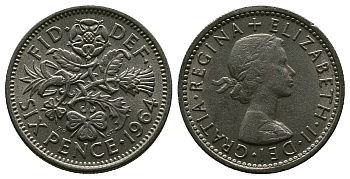 Великобритания 6 пенсов 1964 Елизавета II (1952-2022) KM 903, Spink 4149 медно-никель 4381-817