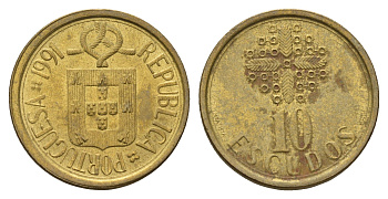 Португалия 10 эскудо 1991 KM 633 никель латунь 4675-333