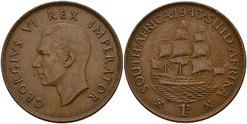 ЮАР 1 пенни 1943 Георг VI (1937-1952) KM 25 бронза 69-245
