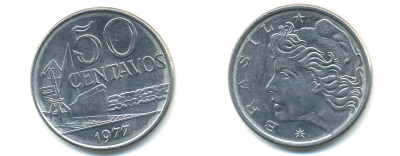 Бразилия 50 сентаво 1977 голова свободы влево KM 580b нержавеющая сталь UNC 86-1046