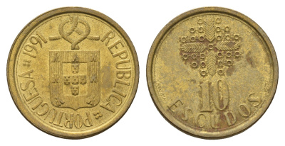 Португалия 10 эскудо 1991 KM 633 никель латунь 4675-333