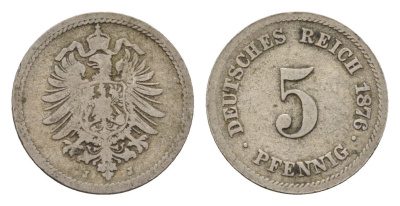 Германия 5 пфеннигов 1876 J, Вильгельм I (1861-1888) KM 3, J. 3 медно-никель 4611-1059