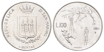 Сан-Марино 100 лир 1983 Ядерная Угроза KM 151 нержавеющая сталь UNC 186-436