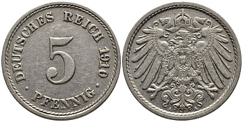 Германия 5 пфеннигов 1910 A KM 11, Jager 12, Weege 6 медно-никель 4547-515