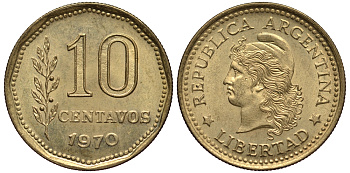 Аргентина 10 сентаво 1970 голова свободы влево KM 66 алюминиевая бронза XF-UNC 4181-222