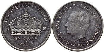Швеция 1 крона 2008 Карл XVI Густав (1973- ) KM 894 медно-никель 85-554