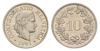 Швейцария 10 раппенов 1981 KM 27 медно-никель 4625-716