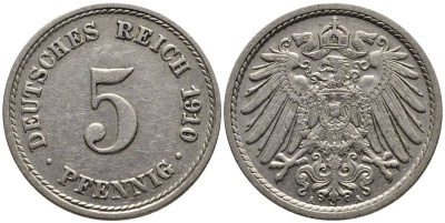 Германия 5 пфеннигов 1910 A KM 11, Jager 12, Weege 6 медно-никель 4547-515