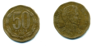 Чили 50 песо 2006 Бернардо О’Хиггинс KM 219.2 алюминиевая бронза 35-316