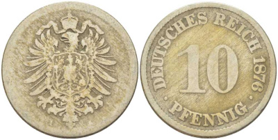 ГЕРМАНИЯ 10 ПФЕННИГОВ 1876 A, СТАРОГЕРБОВКА KM 4, J. 4, Weege 7 медно-никель 261-1222