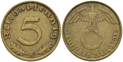 Германия 5 рейхспфеннигов 1938 E KM 91, J. 363 алюминиевая бронза 4151-848