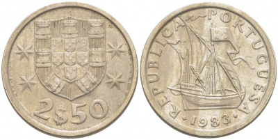 Португалия 2,5 эскудо 1983 парусник KM 590 медно-никель 3718-327