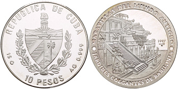Куба 10 песо 1997 серия семь чудес света, висячие сады Семирамиды KM 593 серебро  PROOF  02-108-25