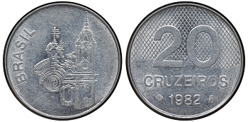 Бразилия 20 крузейро 1982 собор KM 593.1 нержавеющая сталь 4146-1032