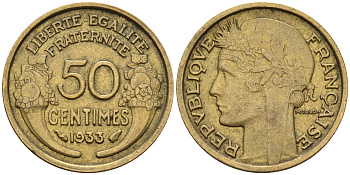 Франция 50 сантимов 1933 KM 894.1, Le Franc 192.15 алюминиевая бронза 4596-766