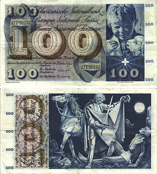 Швейцария 100 франков 1961 21 декабря 1961, серия 27 F, подпись 39 Pick 49 d бумага 8606-19-1-1