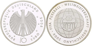 ФРГ 10 евро 2006 чемпионат мира по футболу в Германии 2006 года, футбольный мяч на фоне глобуса KM 249, DE.S 10.25 серебро PROOF 1085-5-64