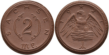 Саксония 2 марки 1921 J. N 56 фарфор 1094-2-43
