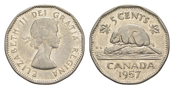 Канада 5 центов 1957 Елизавета II (1952-2022), бобр KM 50a никель 4630-663