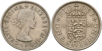 Великобритания 1 шиллинг 1956 Елизавета II (1952-2022), Английский герб KM 904, Spink 4147 медно-никель 4150-736