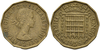 Великобритания 3 пенса 1958 Елизавета II (1952-2022) KM 900, Spink 4153 никель латунь 4146-343