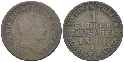 ПРУССИЯ 1 ГРОШ 1844 А, ФРИДРИХ ВИЛЬГЕЛЬМ IV (1840-1861) KM 435 серебро 201-626