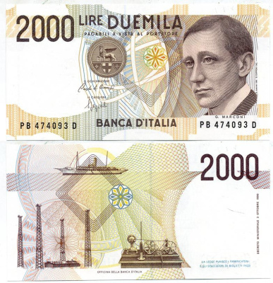 Италия 2000 лир 1990 Маркони Pick 115 UNC (пресс) 7551-44-4-1