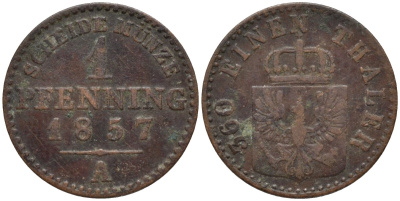 Пруссия 1 пфенниг 1857 A, Фридрих Вильгельм IV (1840-1861) KM 451 медь 4532-264
