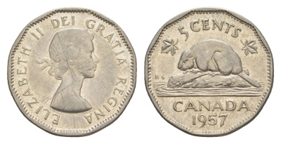 Канада 5 центов 1957 Елизавета II (1952-2022), бобр KM 50a никель 4630-663