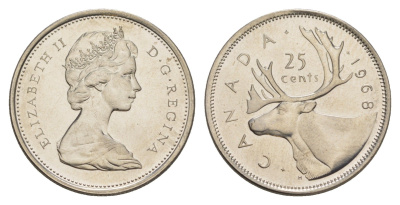 Канада 25 центов 1968 Елизавета II (1952-2022), олень KM 62b никель BU 4541-537