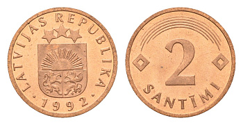 Латвия 2 сантима 1992 KM 21 сталь плакированная медью UNC 4689-939