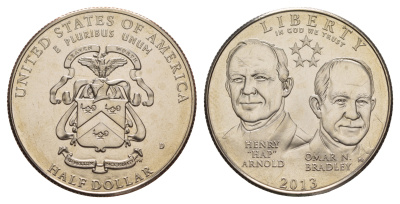 США 1/2 доллара 2013 D, Генри Арнолд и Омар Брэдли, в оригинальной коробке, с сертификатом KM 554 медно-никель BU 3-4-10-05