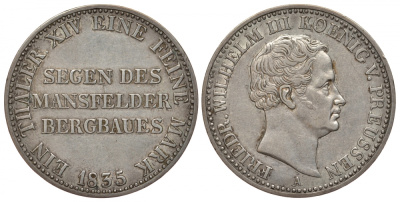 Пруссия 1 талер 1835 A, Фридрих Вильгельм III (1797-1840) KM 420, AKS 18, Dav. 764, Kahnt 371, Thun 251 серебро 00-00