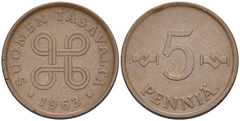 ФИНЛЯНДИЯ 5 ПЕННИ 1963 KM 45 медь 214-565
