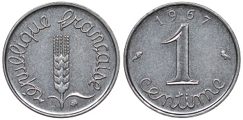 Франция 1 сантим 1967 пятая республика KM 928, Le Franc 106.13 нержавеющая сталь 4124-414