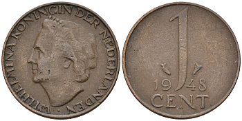 Нидерланды 1 цент 1948 Вильгельмина (1890-1948), год тип KM 175 бронза 4174-537