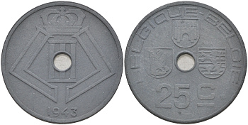 БЕЛЬГИЯ 25 САНТИМОВ 1943 BELGIQUE - BELGIE, ГЕРМАНСКАЯ ОККУПАЦИЯ, ВТОРАЯ МИРОВАЯ ВОЙНА KM 131 цинк 190-113