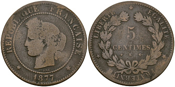Франция 5 сантимов 1877 K, третья республика (1871-1940) KM 821.1, Le Franc 118.6 бронза 51-716