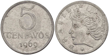 Бразилия 5 сентаво 1969 реформа 1967-1985, голова свободы влево KM 577.1 нержавеющая сталь 35-134