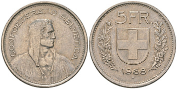 Швейцария 5 франков 1968 В, первый год KM 40а.1 медно-никель 4607-114