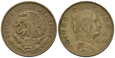 Мексика 5 сентаво 1965 Жозефа Ортис де Домингес KM 426 латунь 87-147