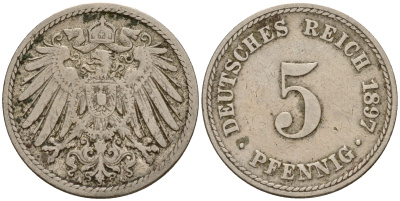Германия 5 пфеннигов 1897 A J.12, KM 11 медно-никель    4598-1121